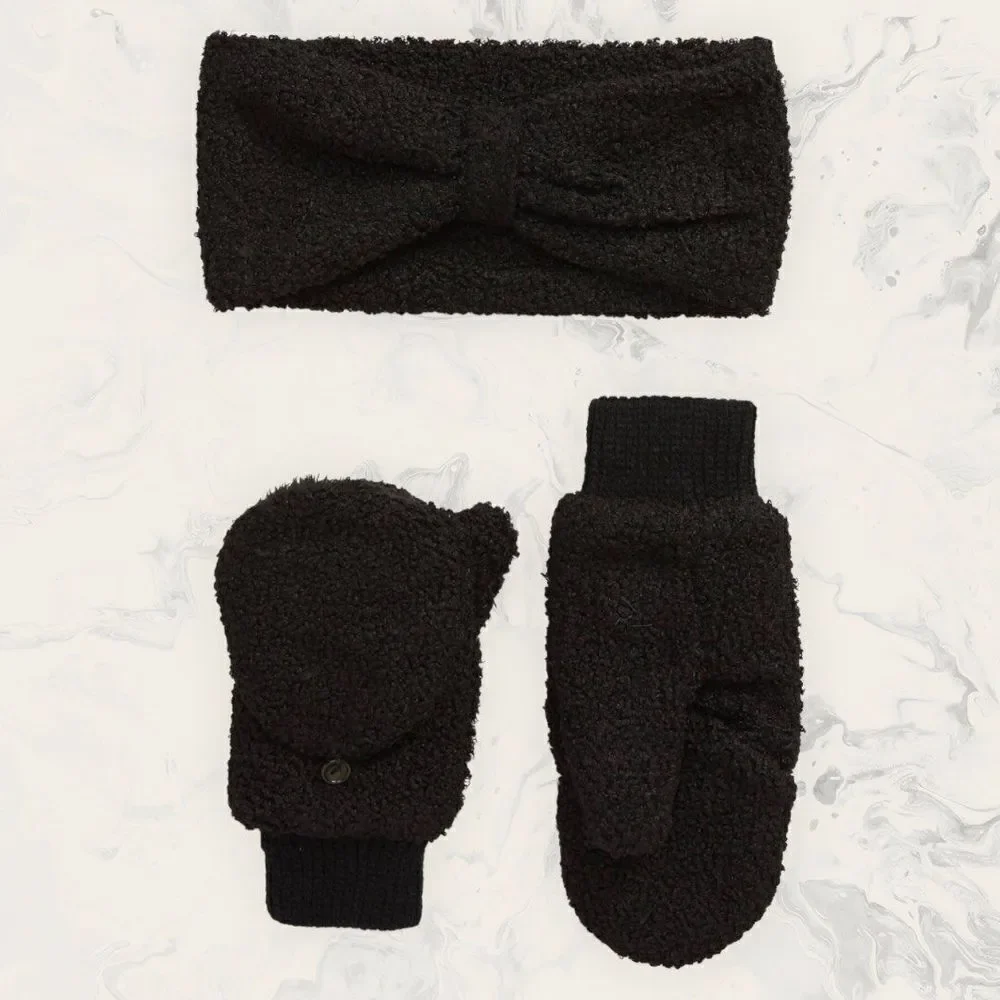 NEW BP. Boucle Head Wrap & Mittens Set - Black - One Size